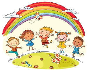 Dibujos niños saltando con arco iris